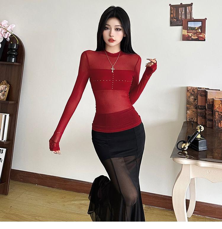 Long-Sleeve Mock Neck Cross Rhinestone Mesh Slim Fit Top Product Image