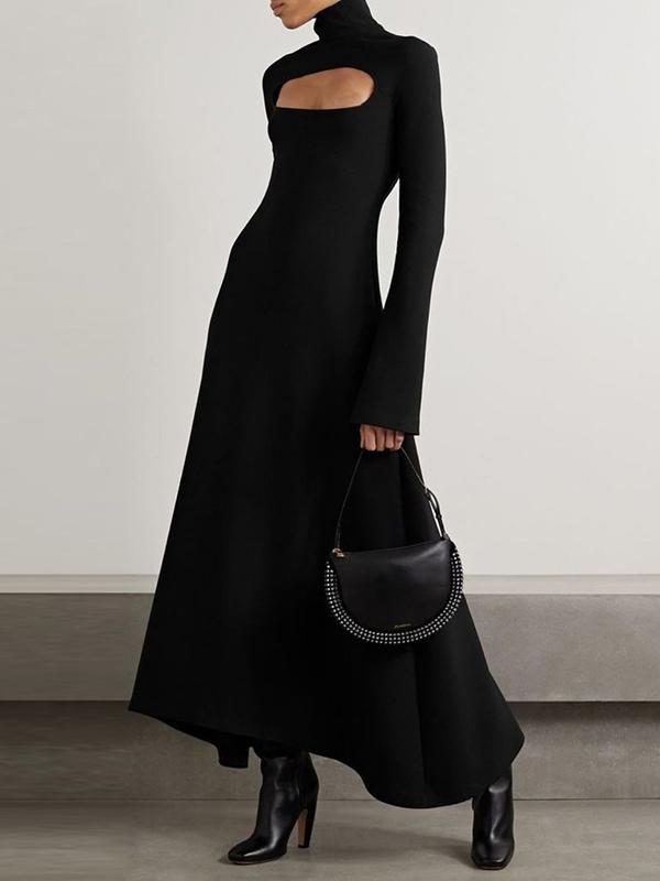 Long Sleeves Skinny Hollow Solid Color High Neck Maxi Dresses Product Image