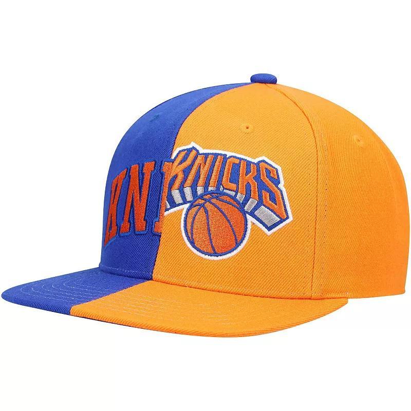 Mens Mitchell & Ness Royal/Orange New York Knicks Half and Half Snapback Hat Product Image