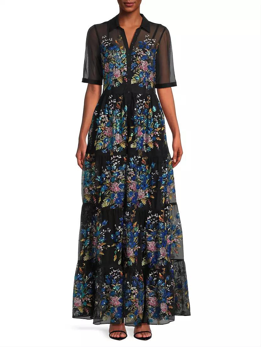 Emmeline Embellished Silk Tiered Maxi Shirtdress Product Image