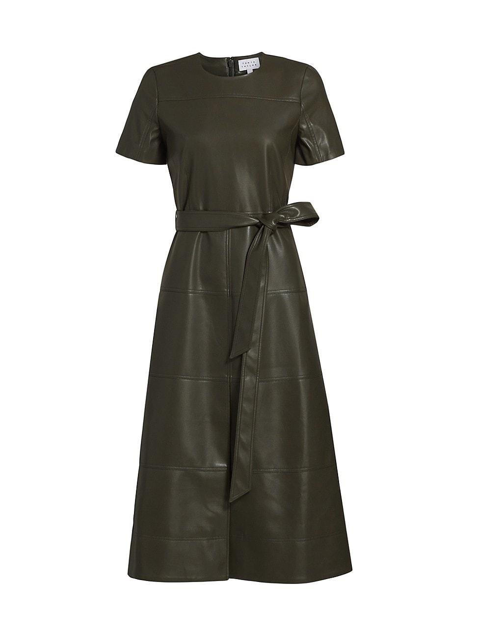 Womens Ella Faux Leather Belted Midi-Dress Product Image