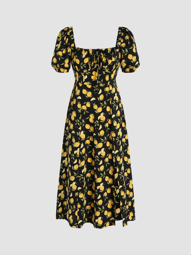 Lemon Split Knotted Shirred Midi Dress Product Image