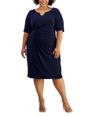 Plus Size Elbow-Sleeve Side-Drape Dress Product Image