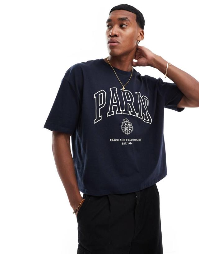 ASOS DESIGN boxy oversized T-shirt with campus front print in navy Product Image