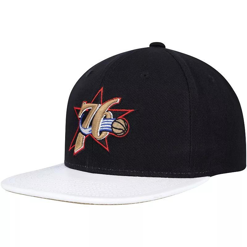 Mens Mitchell & Ness Black/White Philadelphia 76ers Hardwood ClassicsWear Away VisorSnapback Hat Product Image