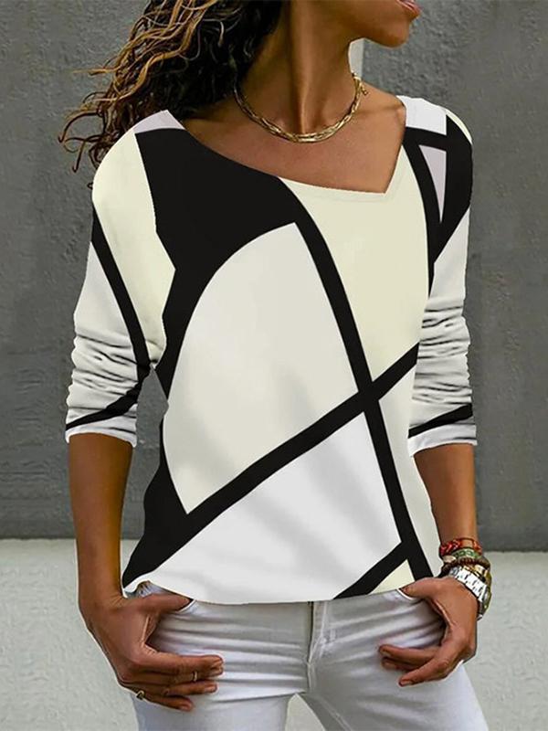 Long Sleeves Loose Printed Asymmetric Collar T-Shirts Tops Product Image