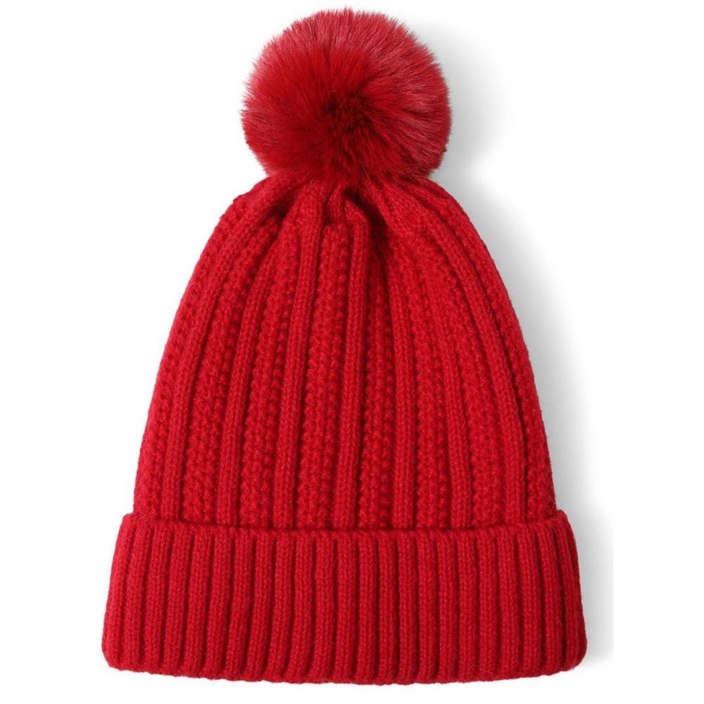 TheDapperTie Women's Red Solid Color 100% Acrylic Knit Hat with pom And Fleece Lining Product Image