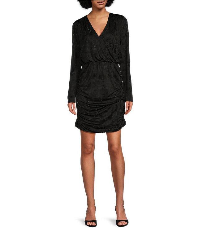 Gibson & Latimer Knit Studded Splice V Neck Long Sleeve Wrap Blouson Above the Knee Dress Product Image