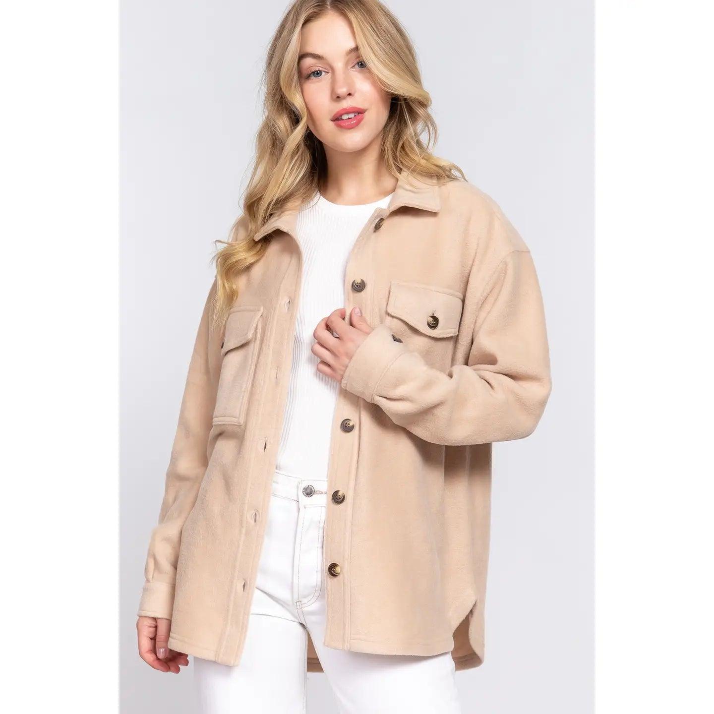 Beige Long Sleeve Notched Collar Front Pocket Fleece Jacket Female Product Image