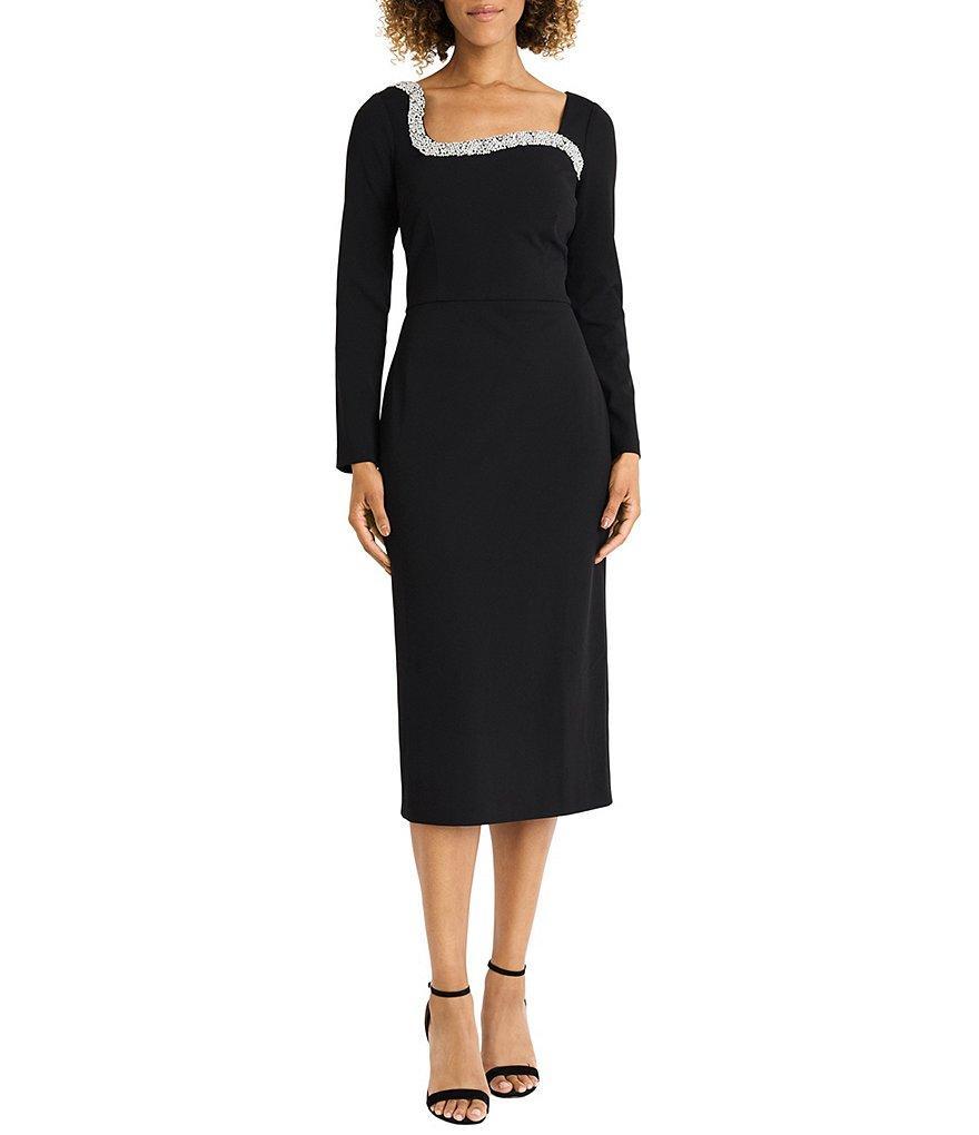 Maggy London Scuba Crepe Bodycon Embellished Square Neckline Long Sleeve Midi Dress Product Image