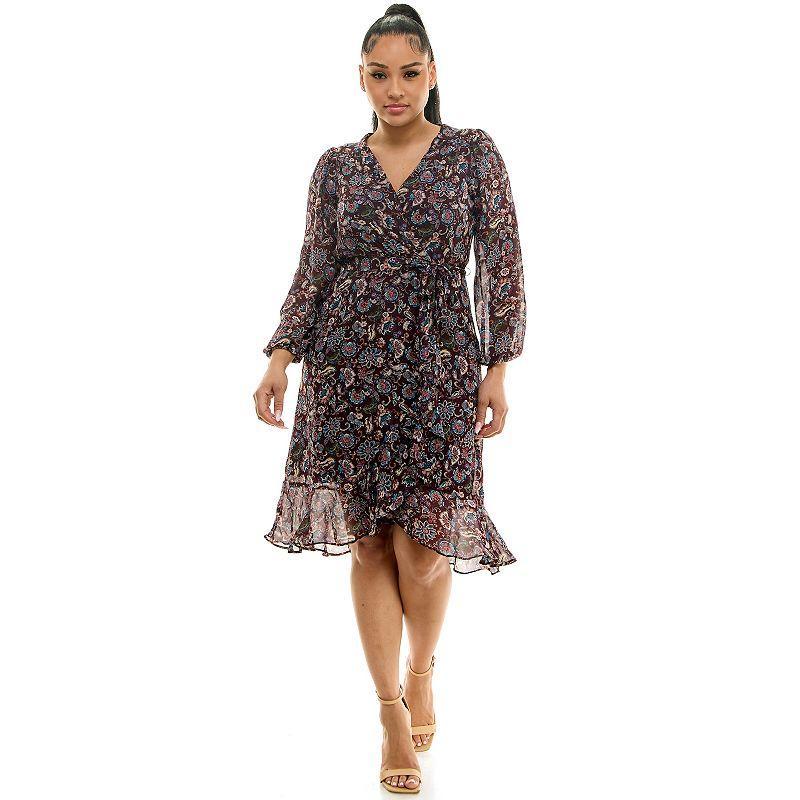 Womens Luxology V-Neck Floral Faux Wrap Midi Dress Purple Product Image