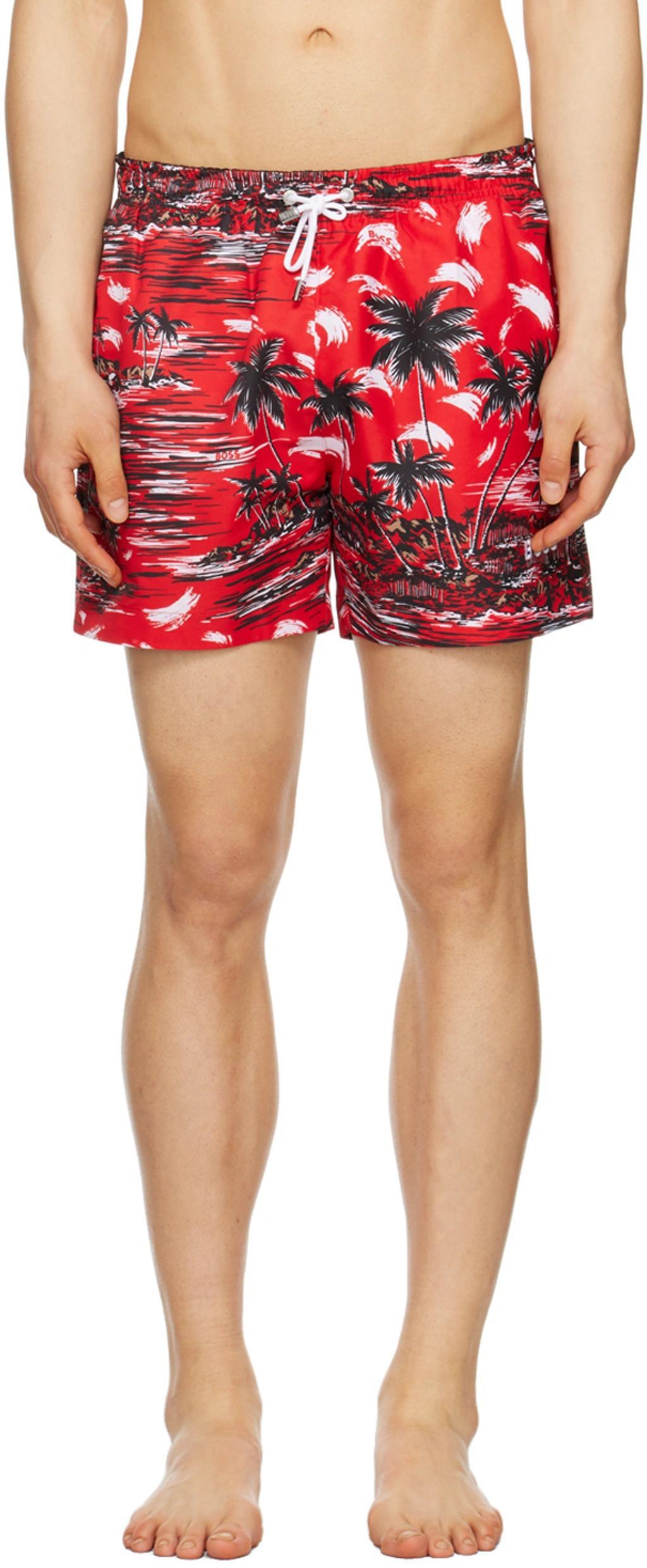 Seasonal-print Swim Shorts In Quick-drying Fabric In Red Product Image