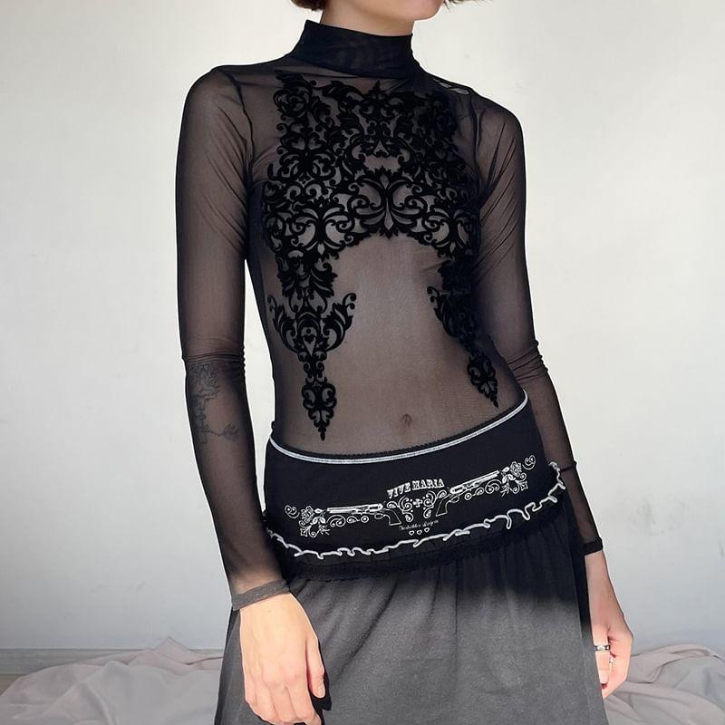 Long-Sleeve Mock Neck Patterned Mesh Slim Fit Top Product Image