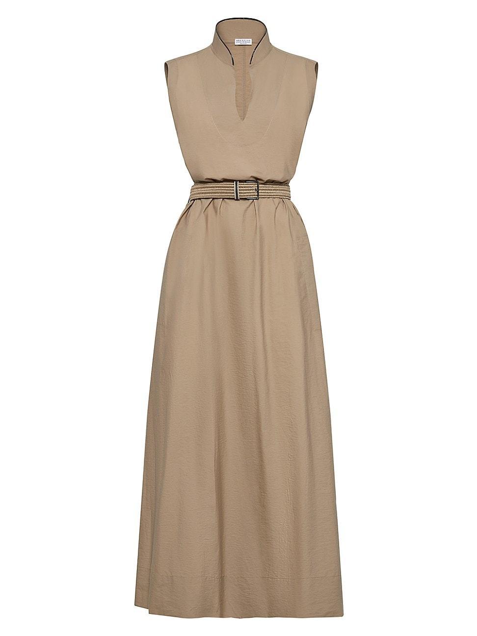 Monili-Collar Raffia-Belt Sleeveless Crinkle Cotton Maxi Dress Product Image