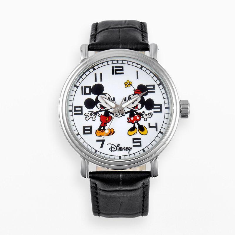 Disneys Mickey & Minnie Mouse Mens Leather Watch, Black Product Image