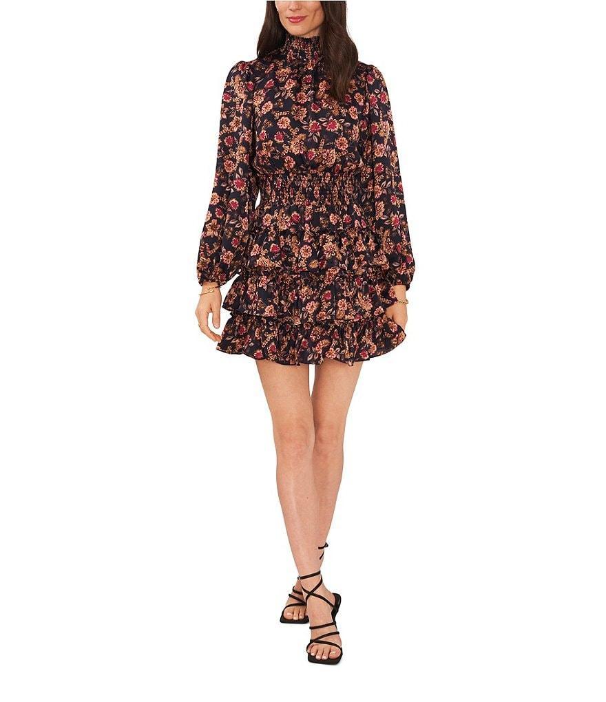 1. STATE Floral Print Long Sleeve Mock Neck Smocked Drop Waist Tiered Dress Product Image