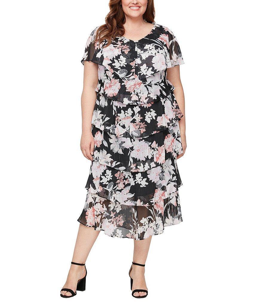 Ignite Evenings Plus Size Short Sleeve Floral Tiered Dress Product Image