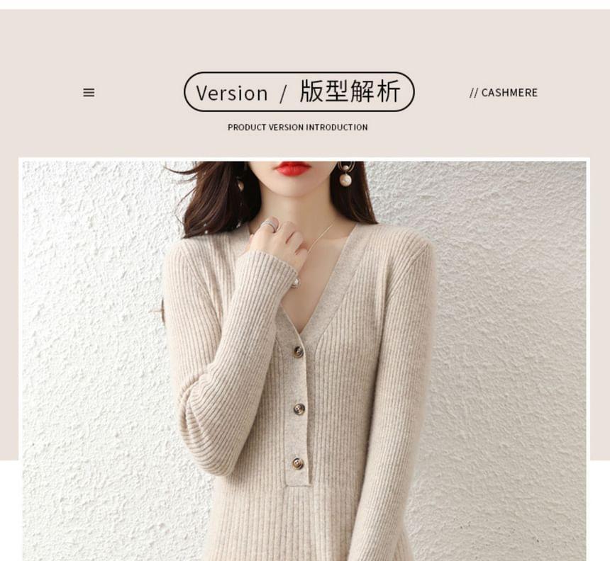 Long-Sleeve V-Neck Plain Button Ribbed Midi A-Line Knit Dress Product Image