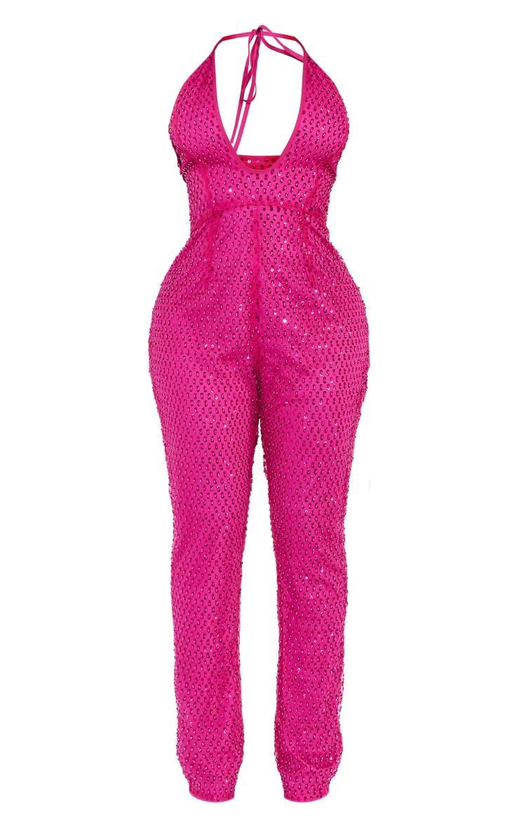 Shape Hot Pink Sequin Halterneck Plunge Wide Leg Jumpsuit Product Image