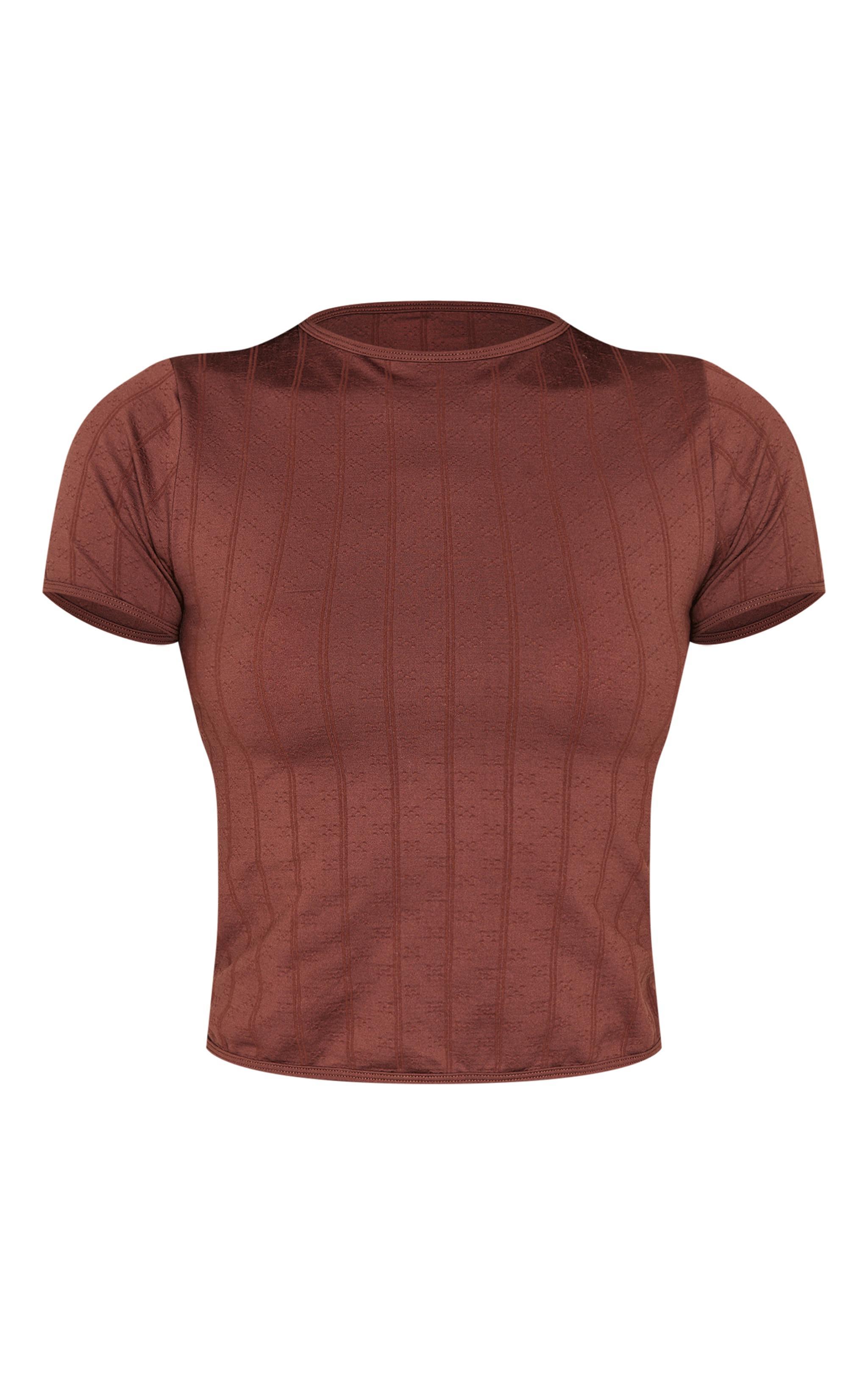 Brown Contour Pointelle Crew Neck Short Sleeve Long Top Product Image