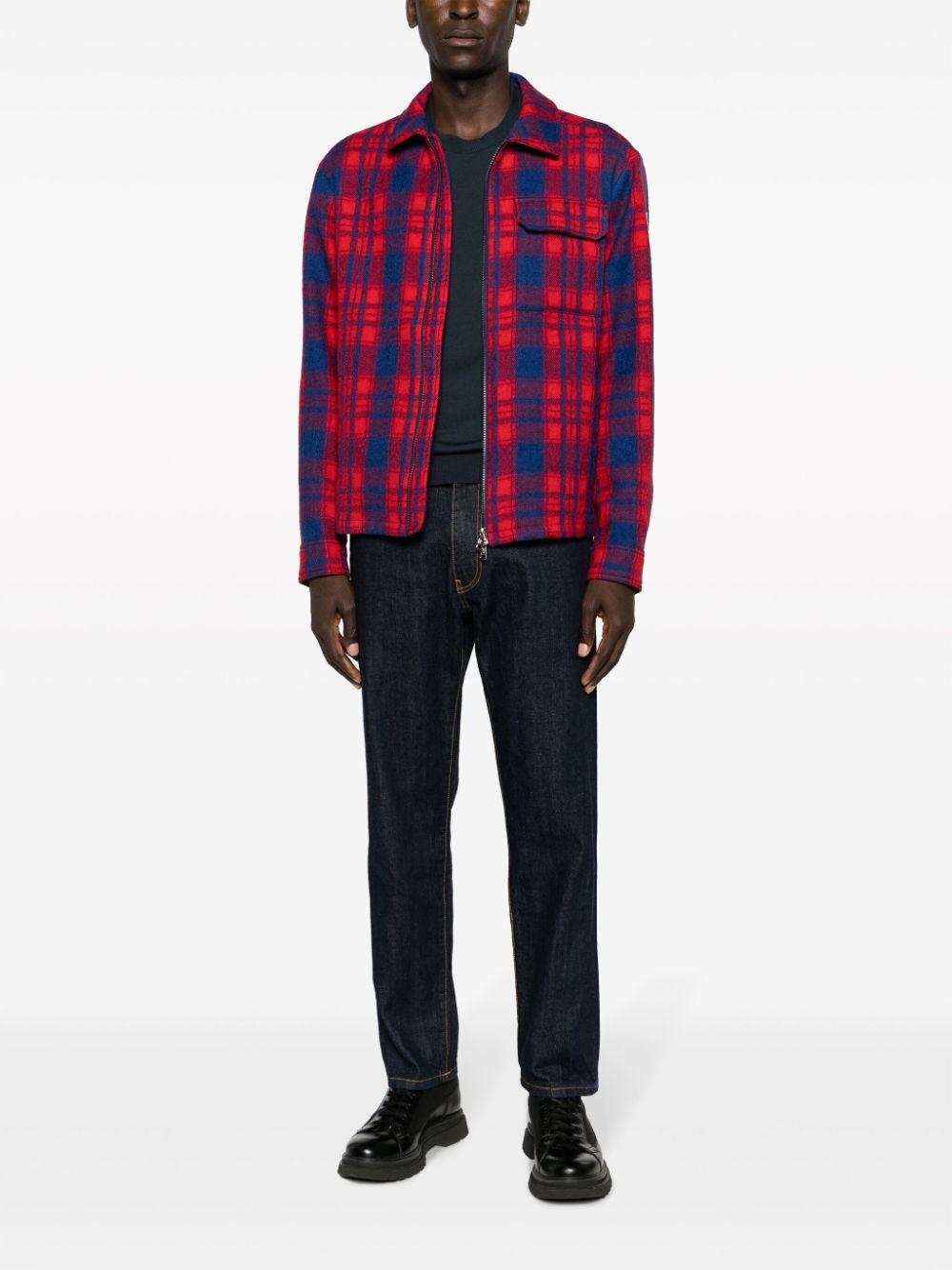 MONCLER Plaid Virgin Wool Flannel Zip Overshirt In Check Blue Red Product Image