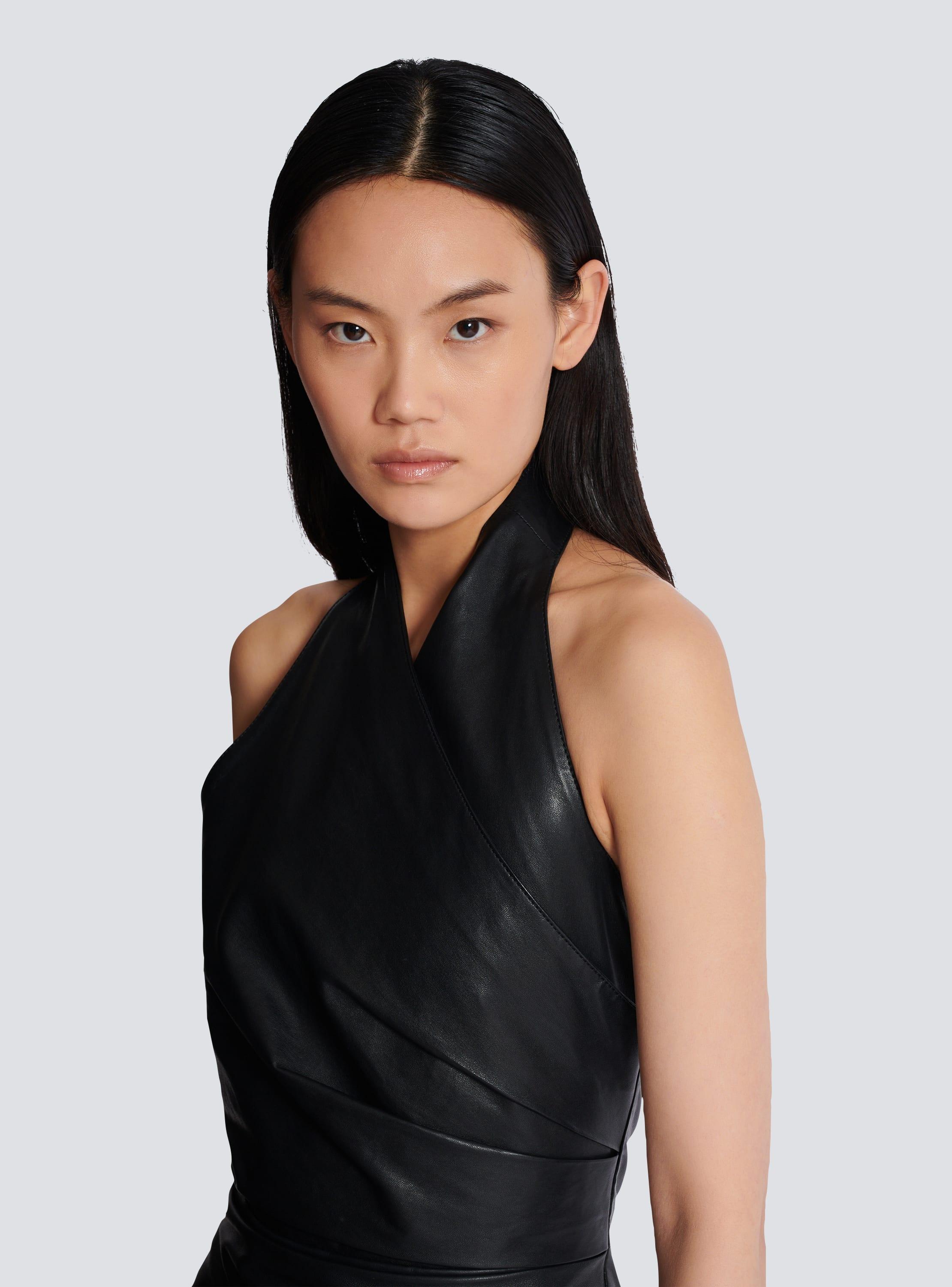 Short draped leather halterneck dress  Product Image