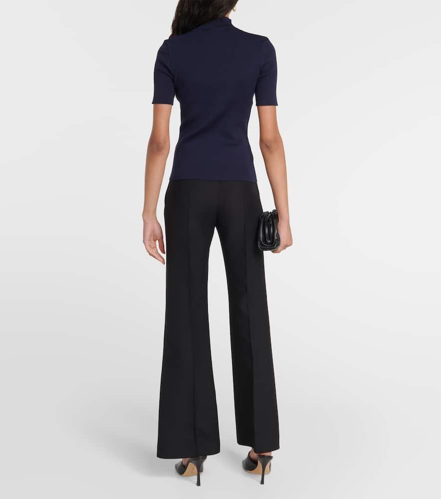 OSCAR DE LA RENTA Ribbed-knit Stretch-silk T-shirt In Navy Product Image