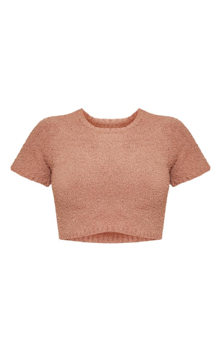  Brown Teddy Knit Short Sleeve Crop Top Product Image