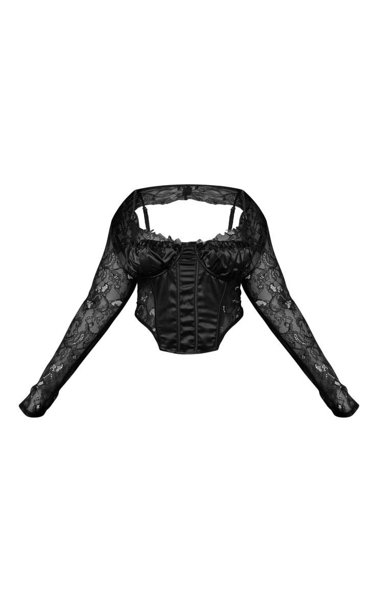 Plus Black Lace Satin Insert Sleeve Detail Corset Product Image