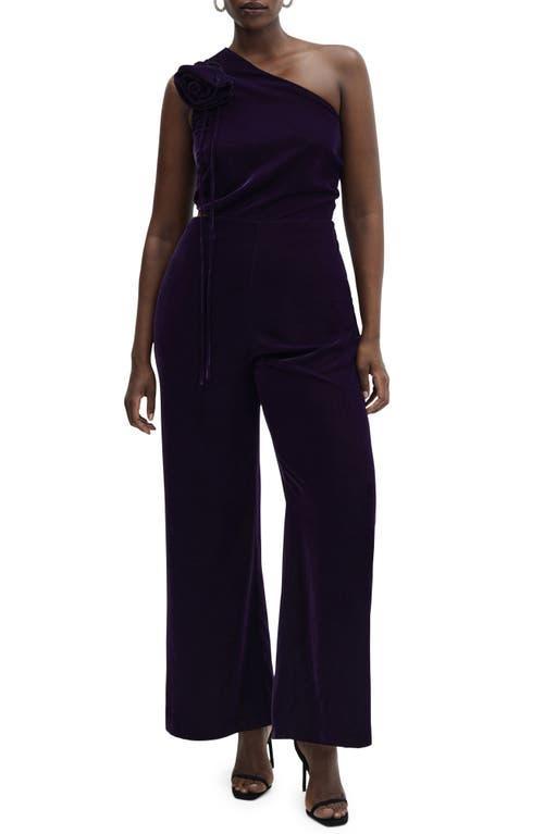 MANGO Rosette Cutout One-Shoulder Velvet Jumpsuit Product Image