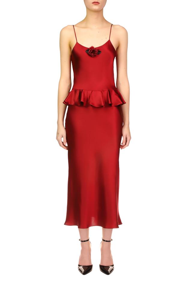 Red Silk Satin Bias Slip Dress With Peplum Product Image