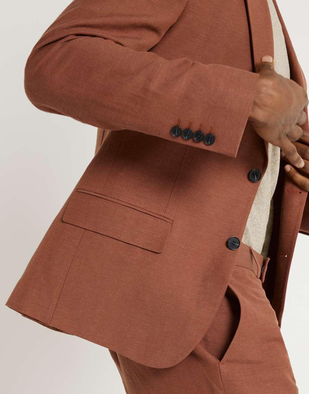 River Island linen look slim suit jacket in rust  Product Image