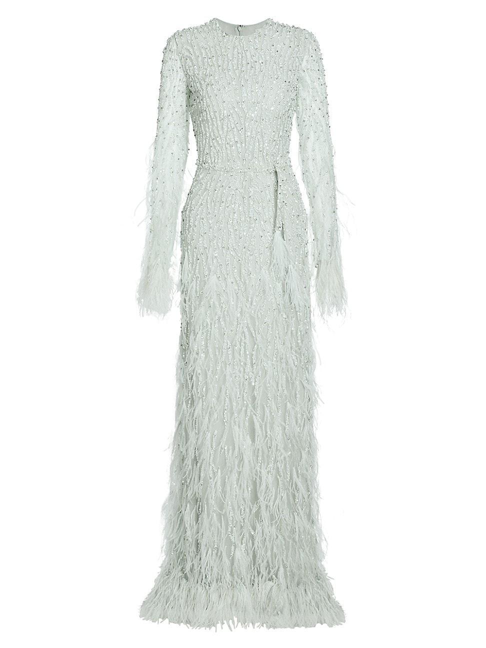 Womens Beaded Feather-Trim Long-Sleeve Gown Product Image