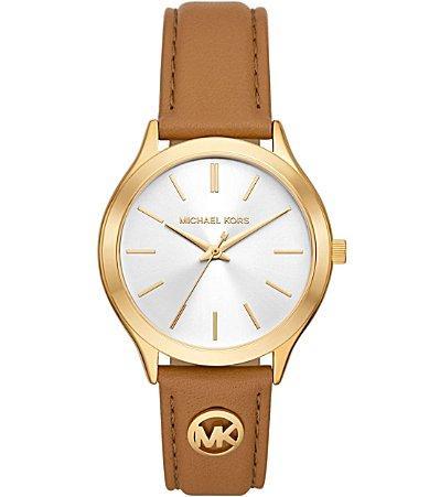 Michael Kors Womens Slim Runway Three-Hand Luggage Leather Watch 38mm Product Image