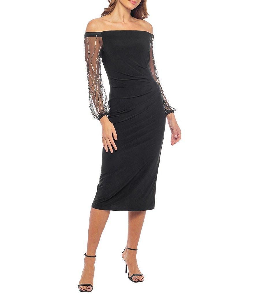 Marina Off-the-Shoulder Neck Long Beaded Sleeve Side Ruched Sheath Dress Product Image