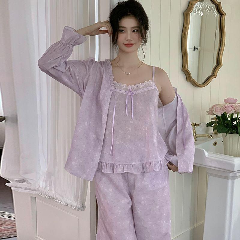 Pajama Set: Floral Lace Trim Camisole Top + Pants + Long-Sleeve Lace-Up Top Product Image