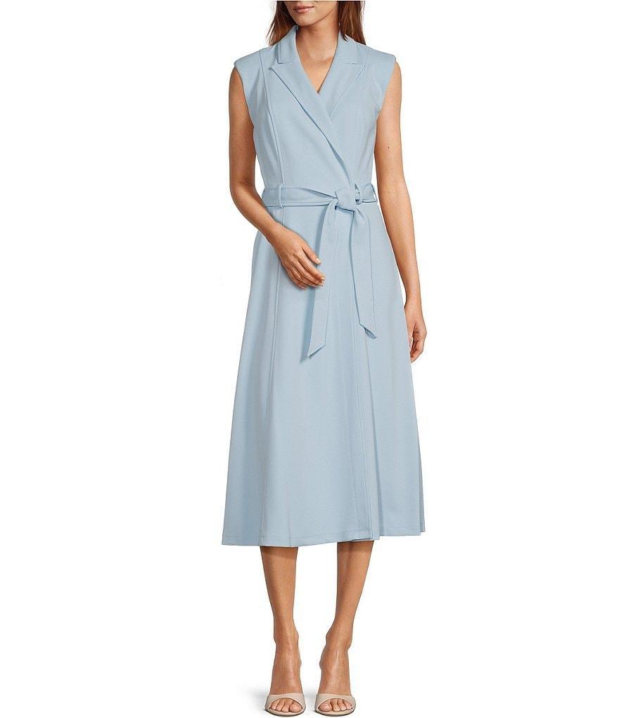 Calvin Klein Scuba Crepe Collar Neck Tie Waist Faux Wrap Midi Dress Product Image