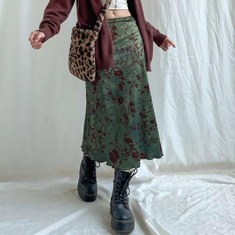 Mid Rise Floral Print Midi Straight Skirt Product Image