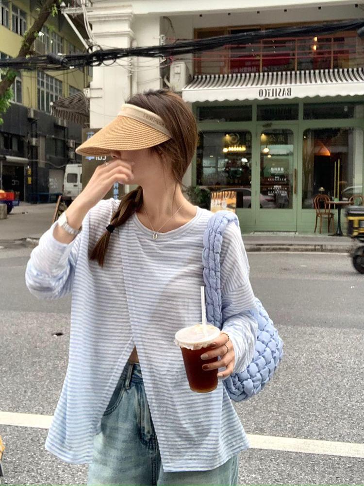 Long-Sleeve Round Neck Striped Slit T-Shirt Product Image