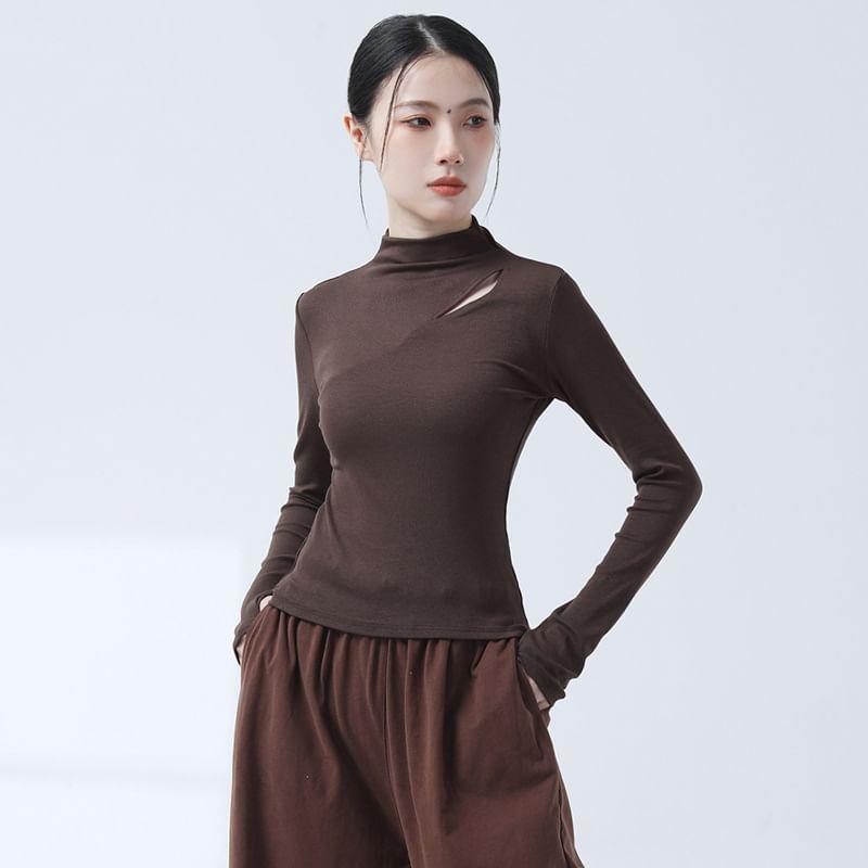 Long-Sleeve Mock Neck Plain Cutout T-Shirt Product Image