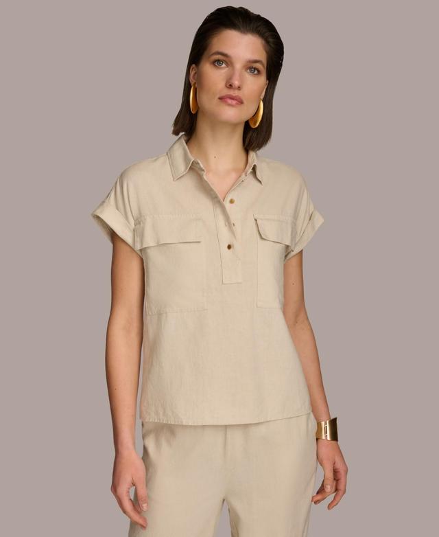 Donna Karan Womens Short-Sleeve Linen-Blend Collared Shirt Product Image