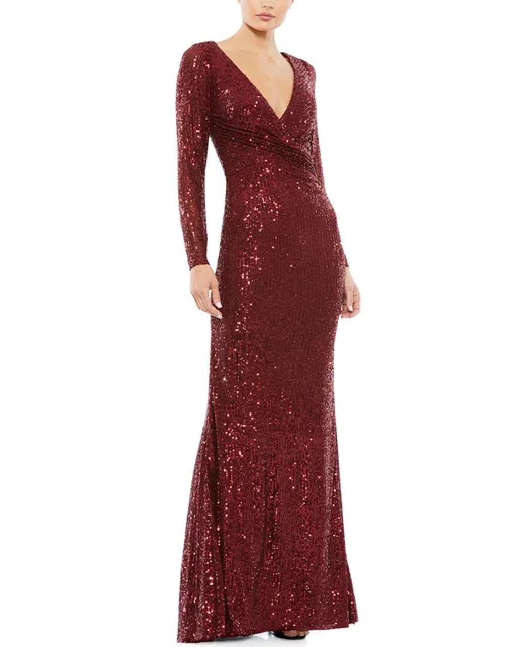 Sequined Long Sleeve Trumpet Gown In Red Product Image