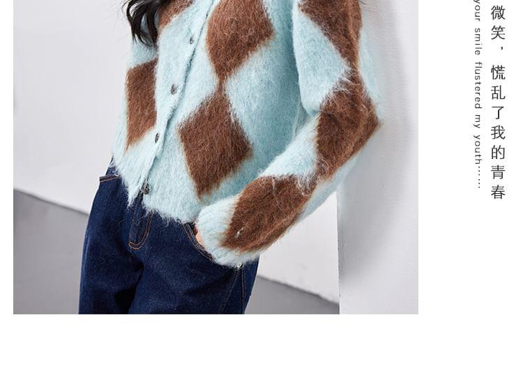 Collar Argyle Fluffy Cardigan Product Image