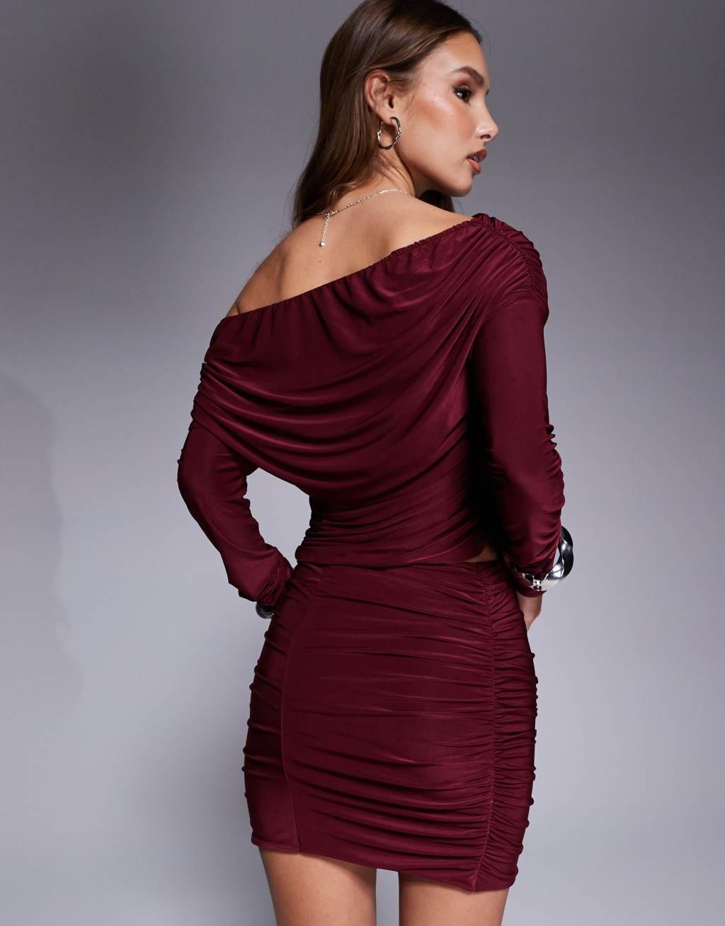 ASOS DESIGN slinky asymmetric ruched off shoulder top in burgundy - part of a set Product Image