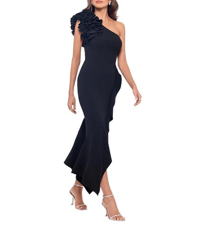 Xscape 3D Ruffle Shoulder Ruffle Front Asymmetrical Hem Scuba Crepe Midi Dress Product Image