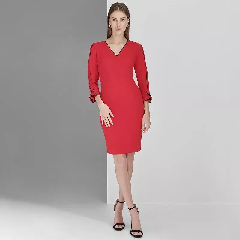 Womens Andrew Marc Rolled Long Sleeve V-Neck Sheath Dress Red Black Product Image