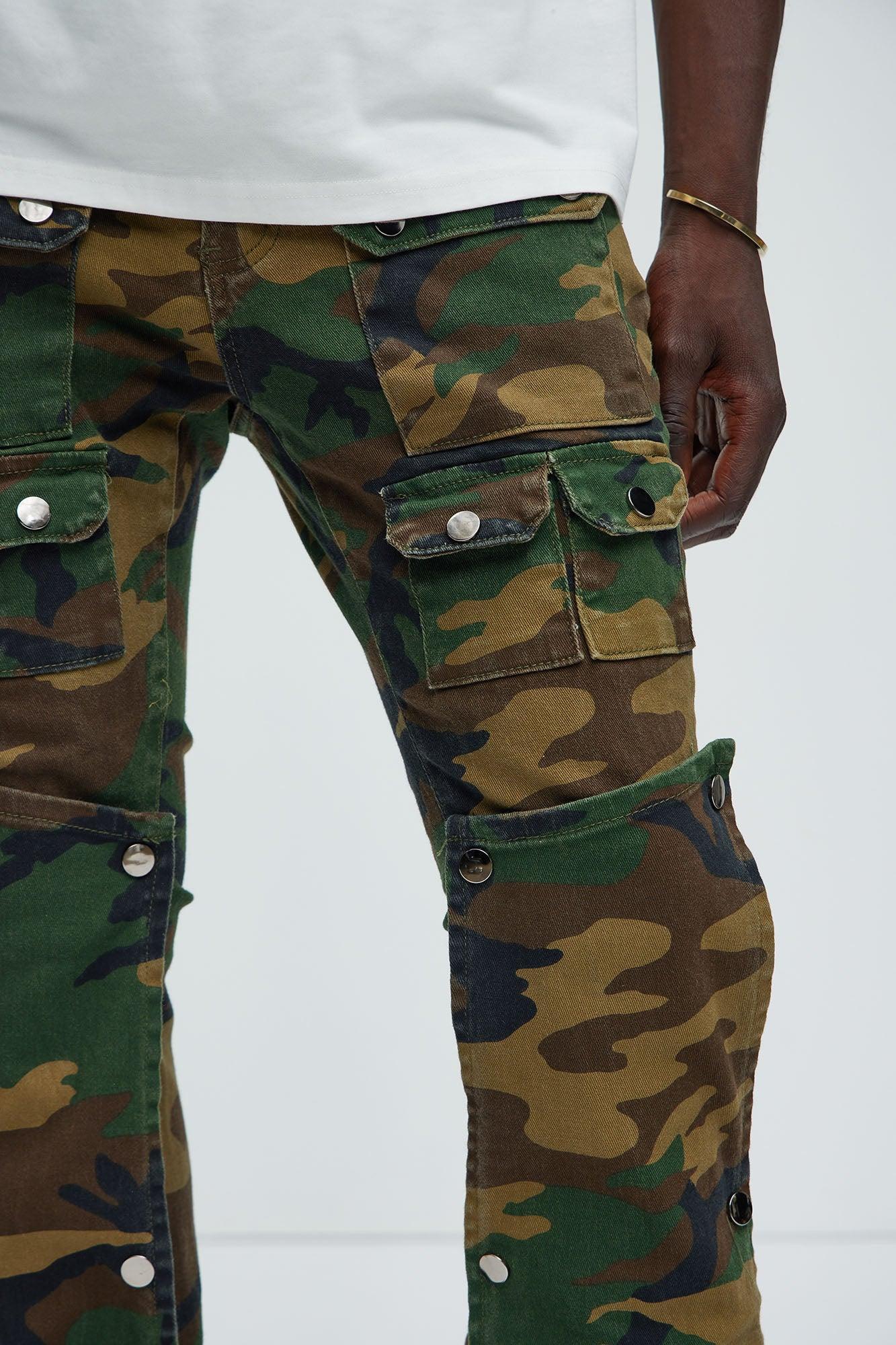 Utility Snap Pockets Flare Pants - Camouflage Product Image