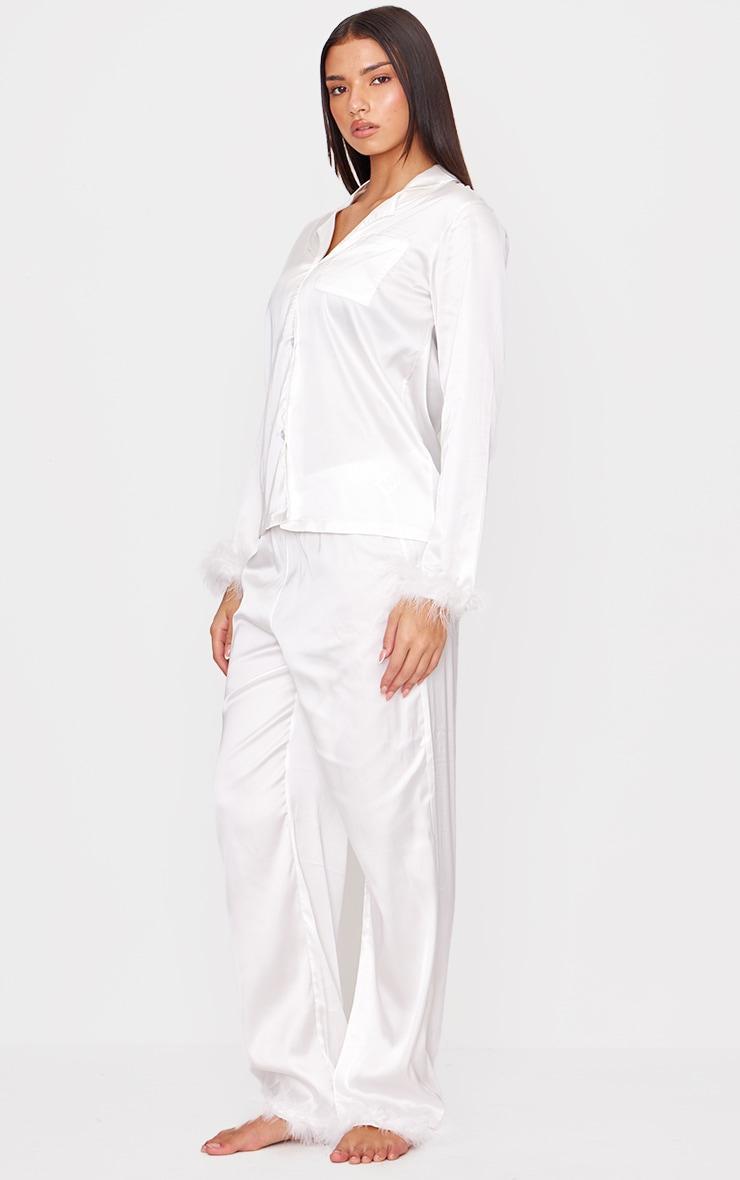 White Feather Trim Satin Long Pajama Set Product Image