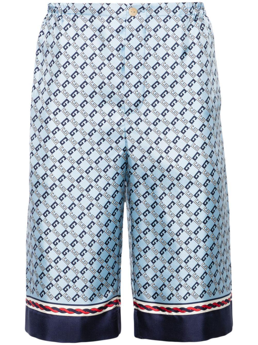 GUCCI Geometric Square G Print Silk Shorts In Turquoise,multicolor Product Image