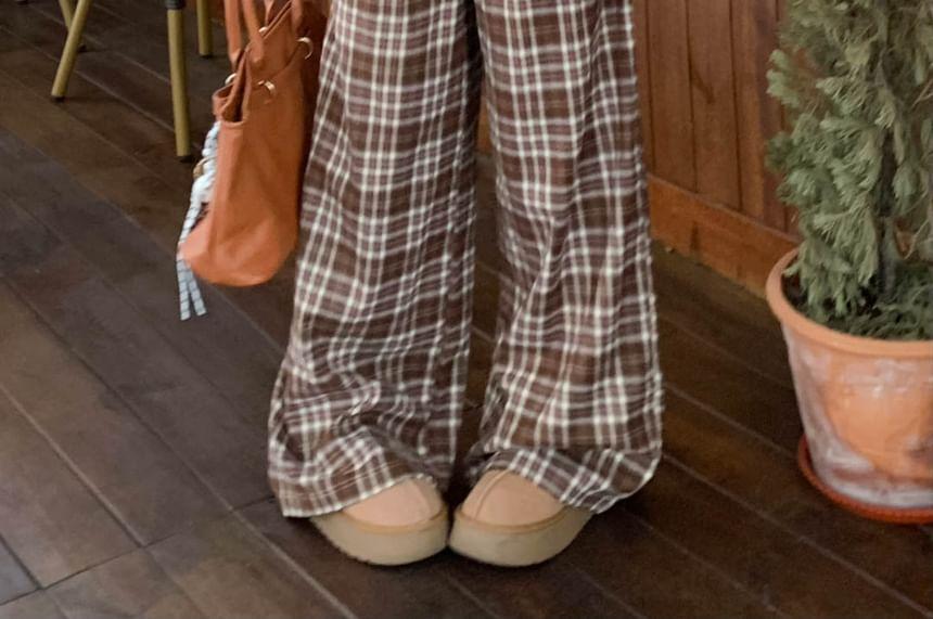 Mid Waist Plaid Button Fly Wide Leg Pants Product Image